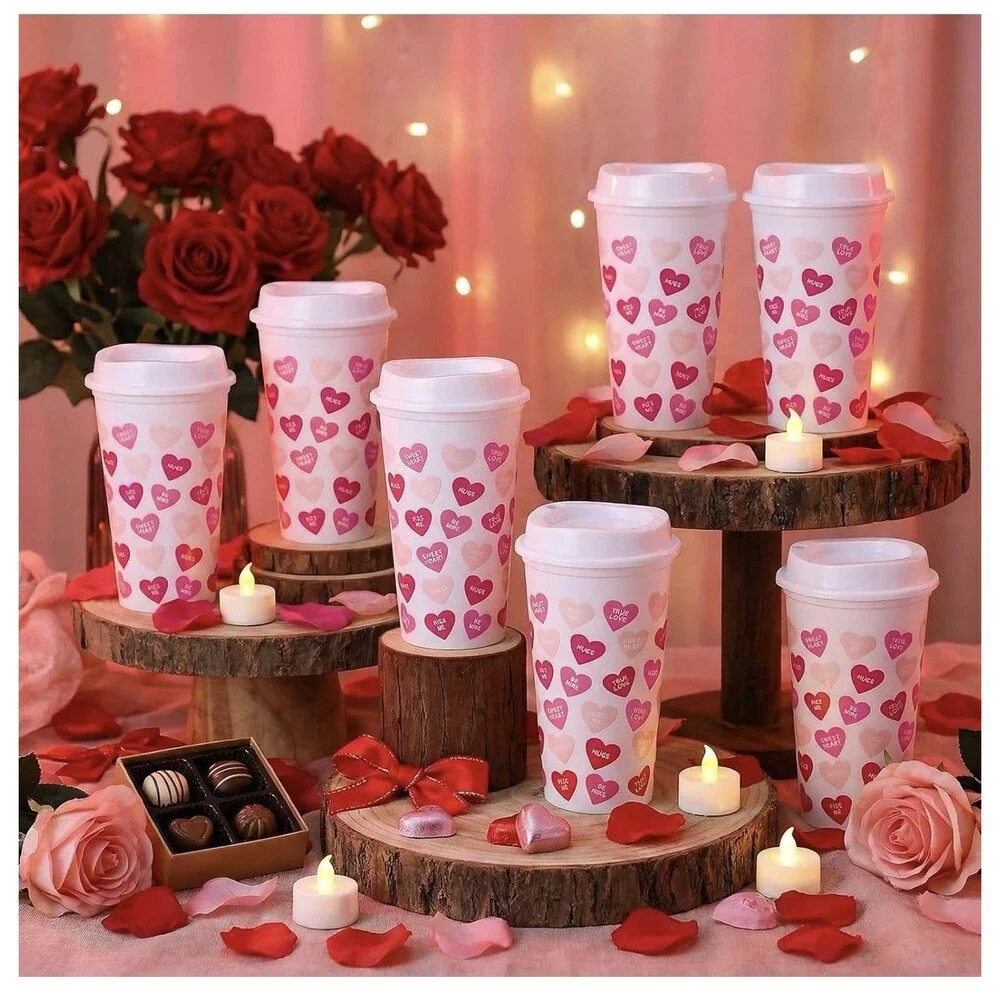 Bokon 12 Pcs Valentine's Day Cups with Lids Conversation Heart Cups 16oz